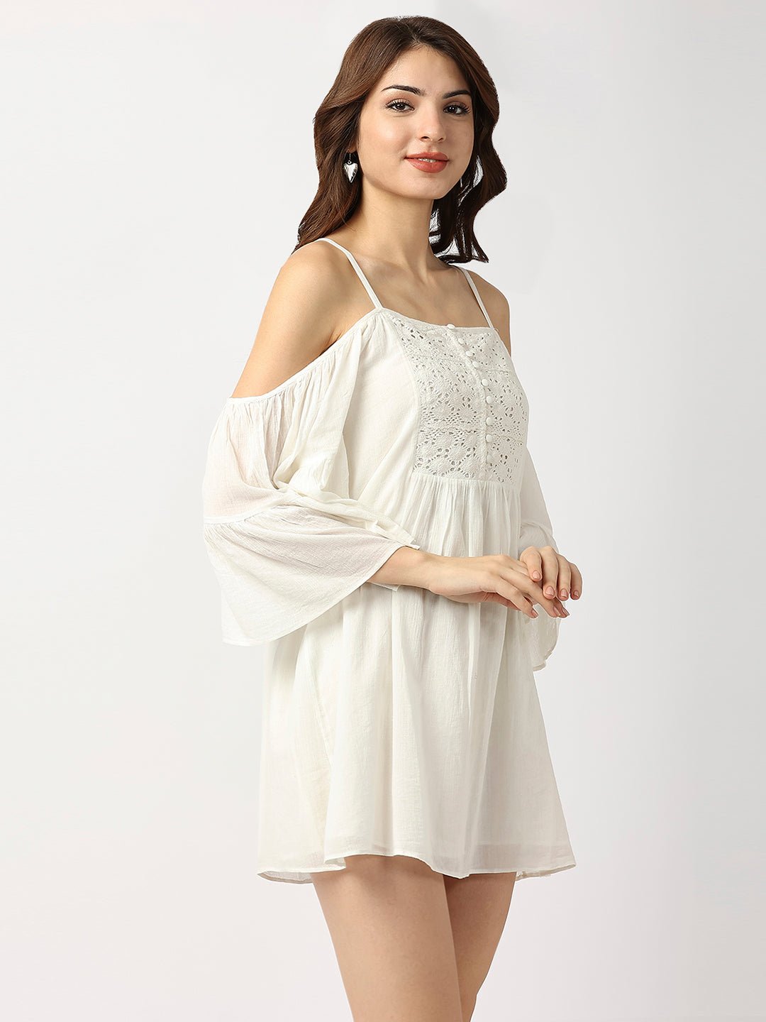 White Cotton Shoulder Strap Off Shoulder Dress - AaliyaIndia