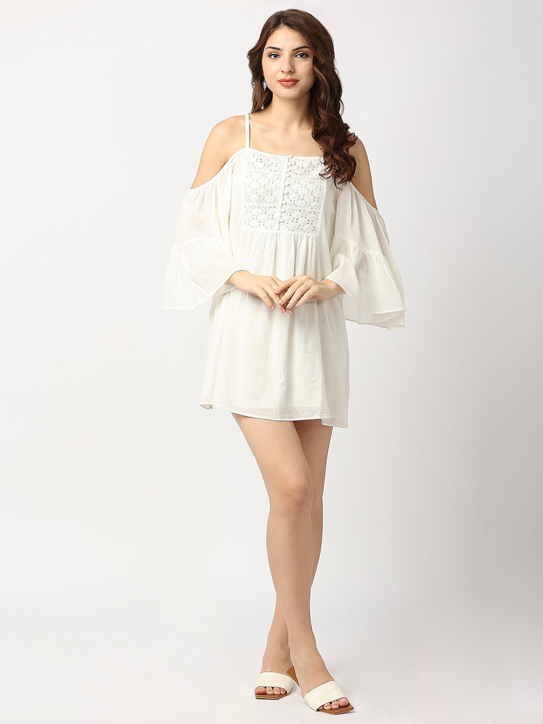 White Cotton Shoulder Strap Off Shoulder Dress - AaliyaIndia