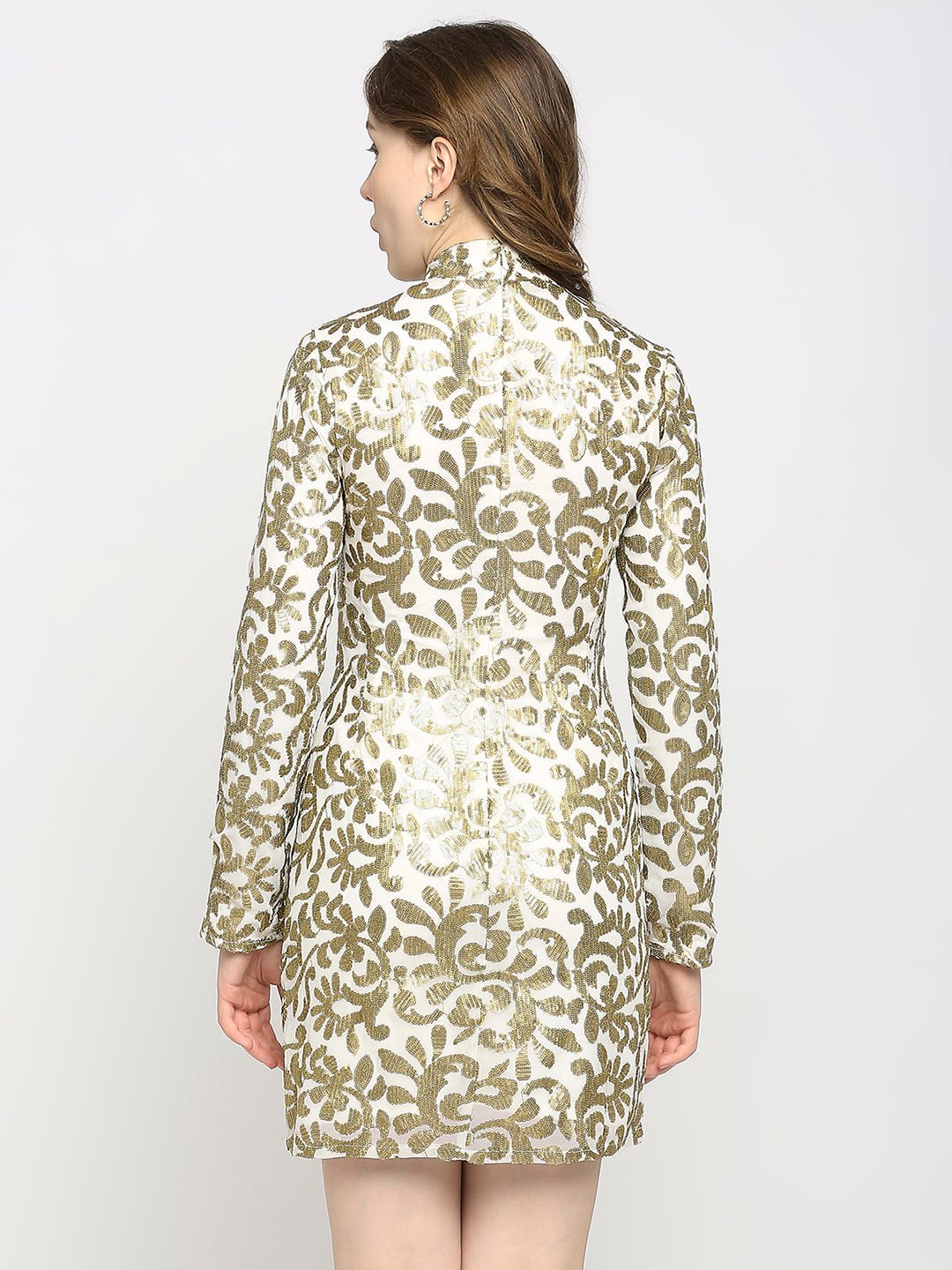 White Full Sleeve Dress Gold Sequin Work - AaliyaIndia