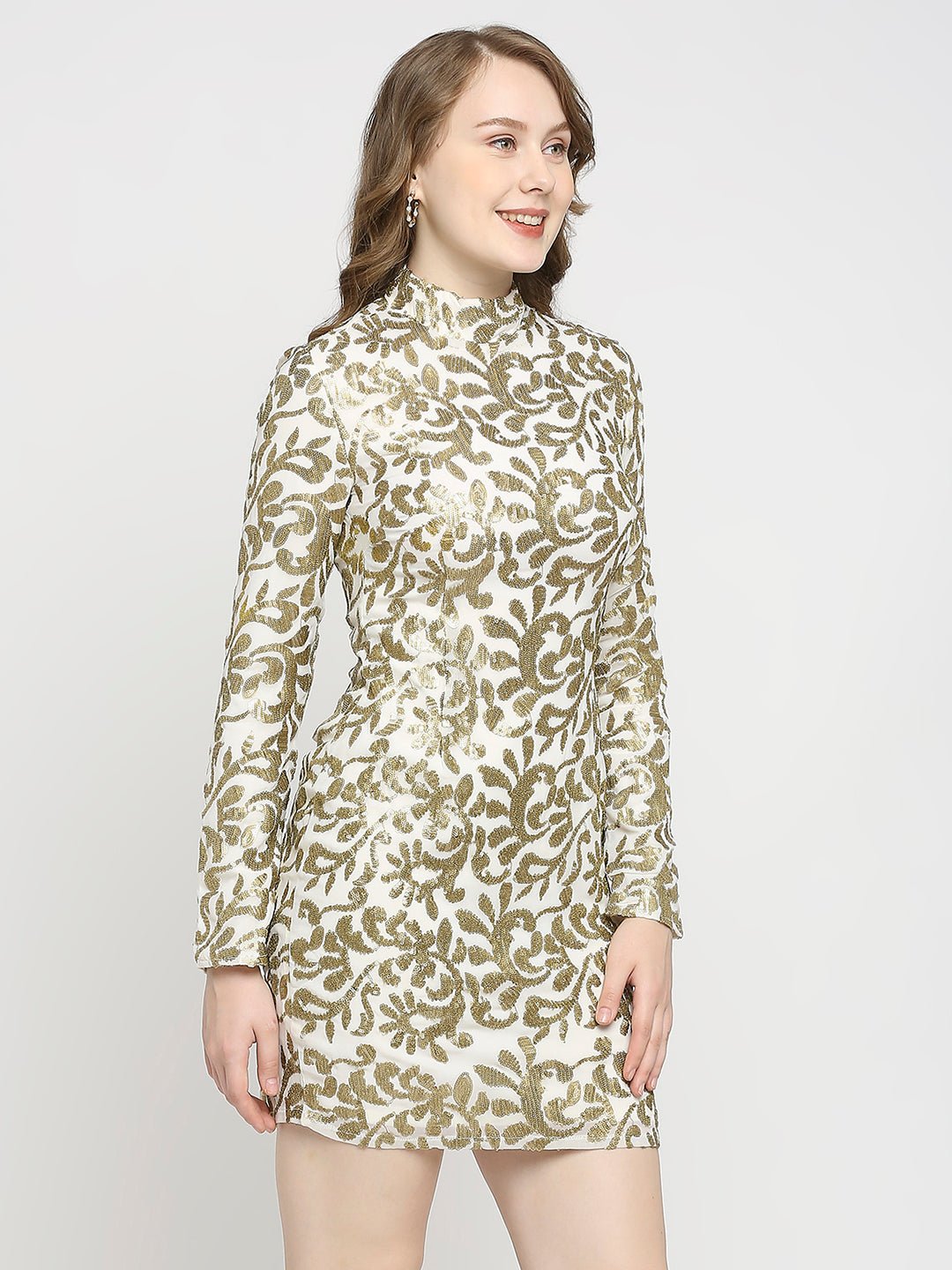 White Full Sleeve Dress Gold Sequin Work - AaliyaIndia