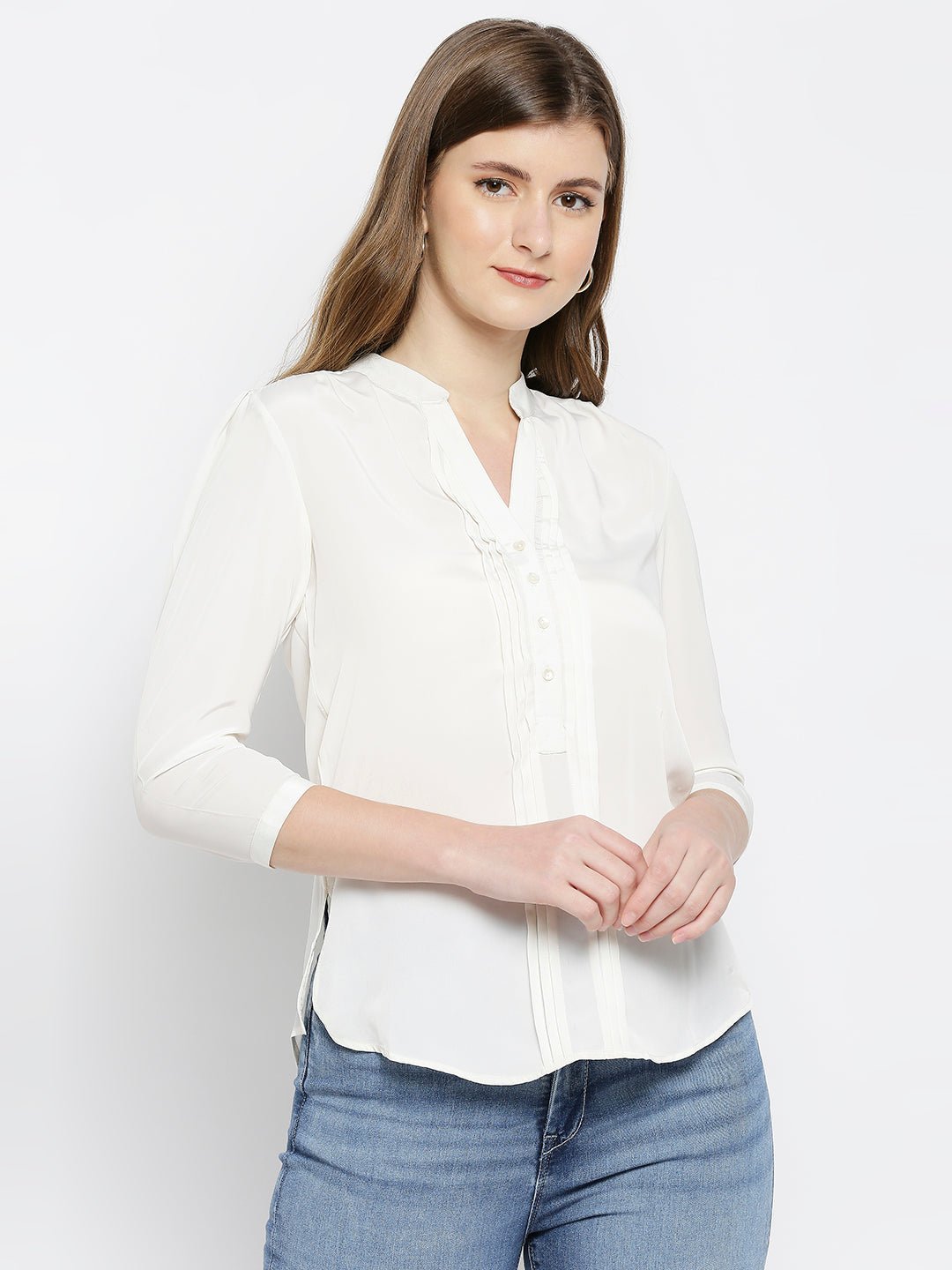 White Mandarin Collar Shirt Style Top - AaliyaIndia