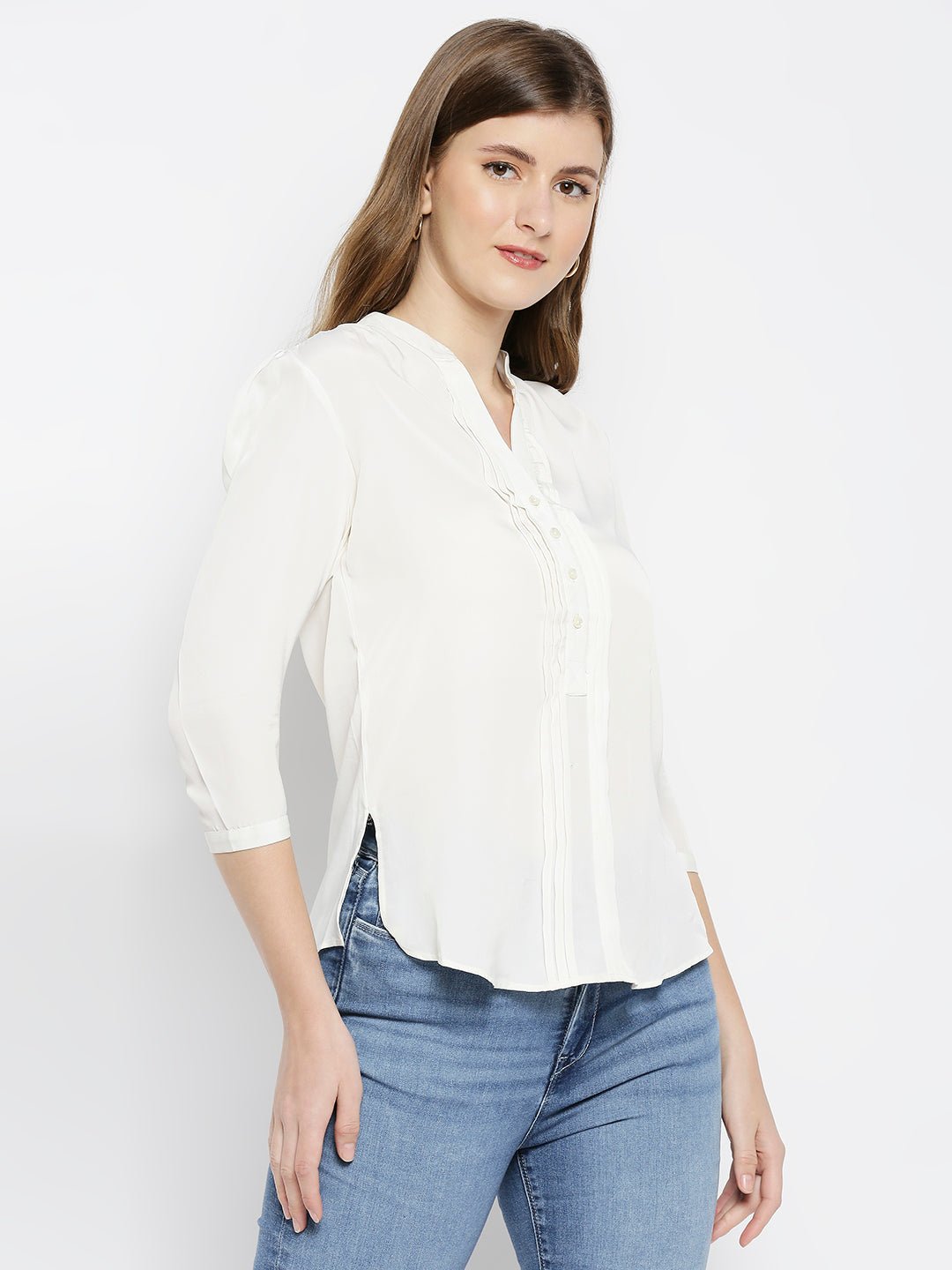 White Mandarin Collar Shirt Style Top - AaliyaIndia