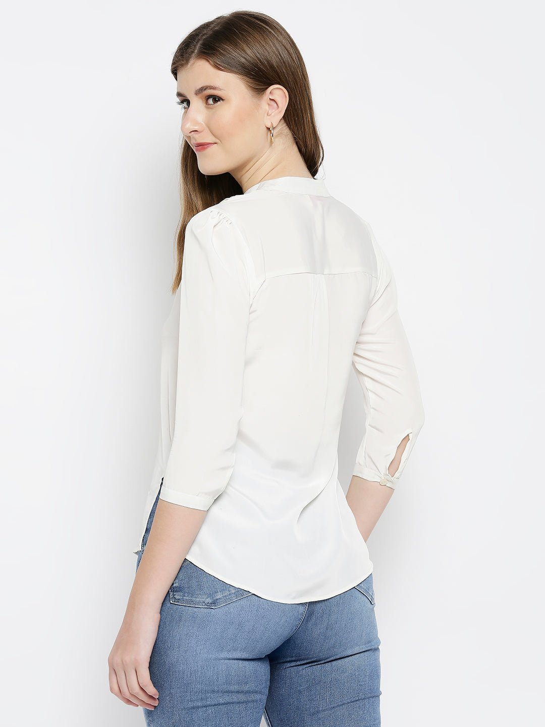 White Mandarin Collar Shirt Style Top - AaliyaIndia