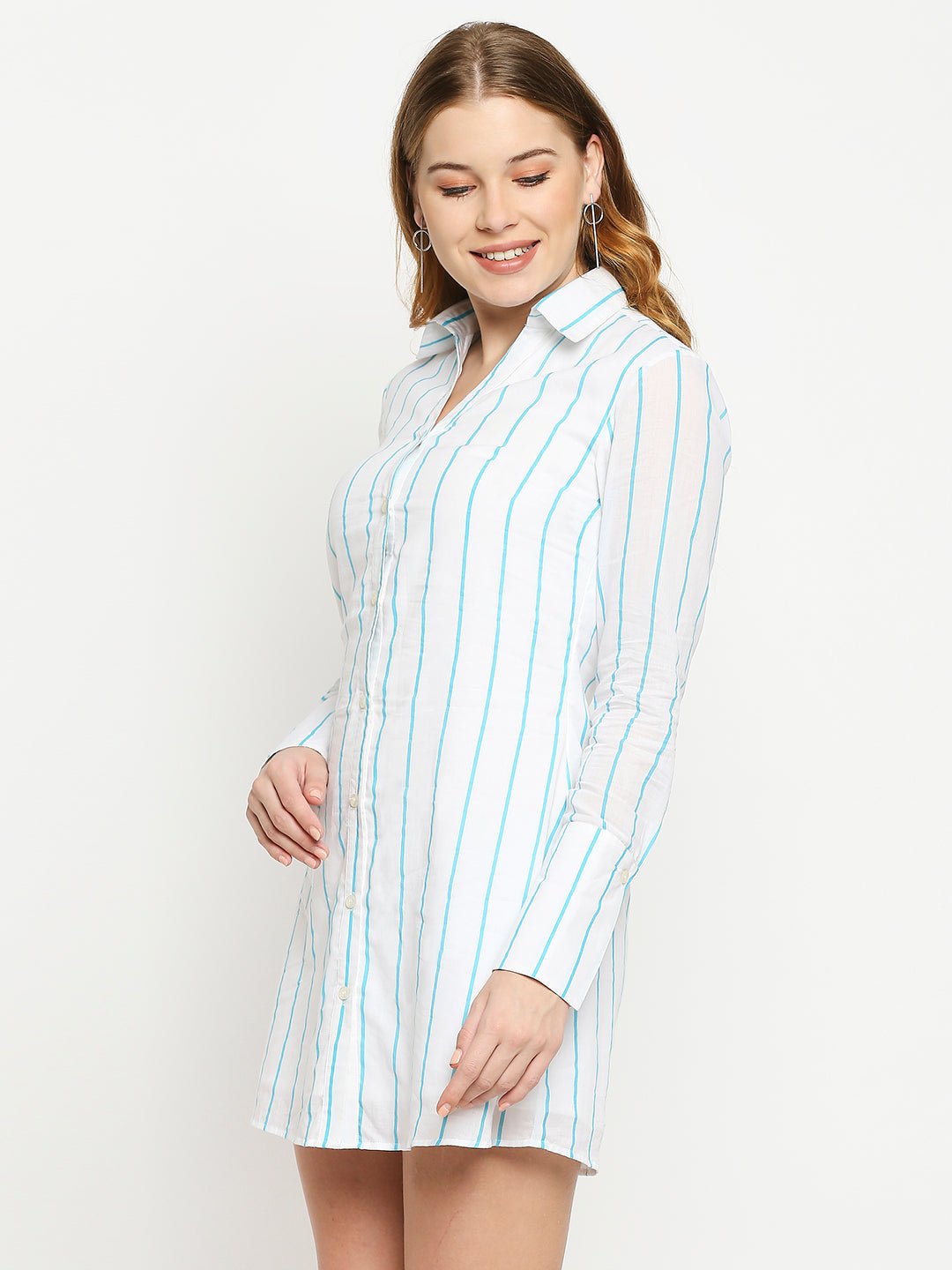 White Shirt Dress With Blue Stripes - AaliyaIndia