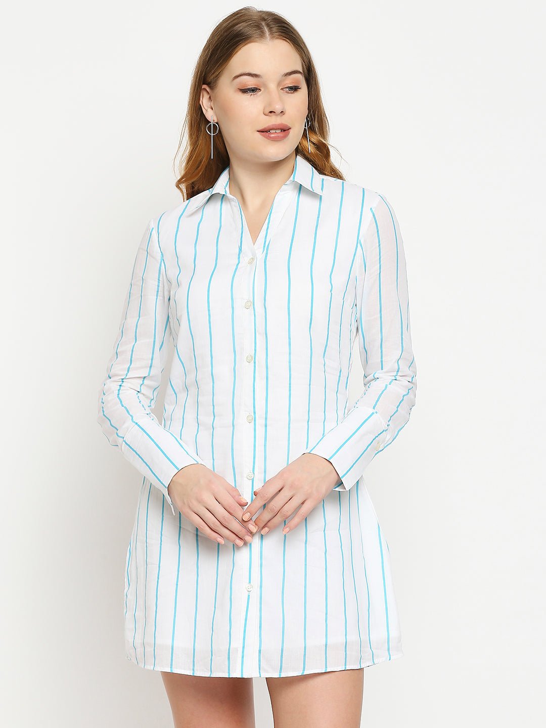 White Shirt Dress With Blue Stripes - AaliyaIndia