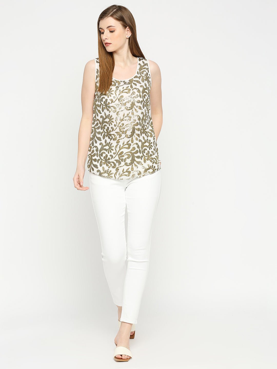 White Sleeveless Top with Gold Sequin Embellished Work - AaliyaIndia