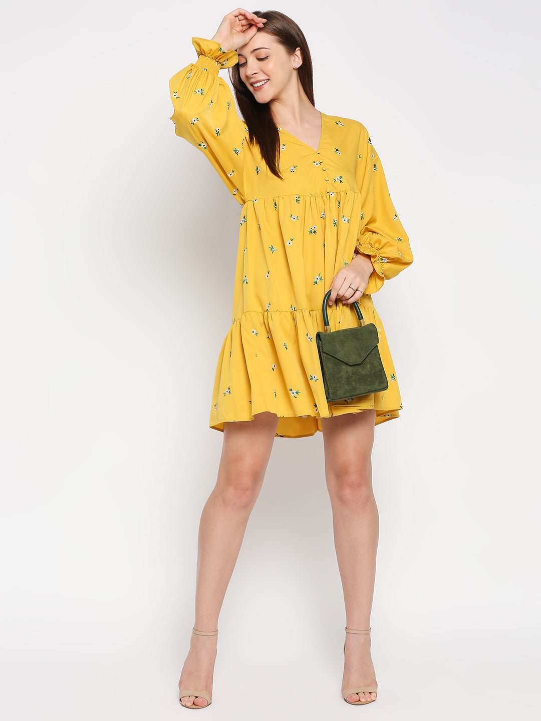 Yellow Short Dress with floral embroidery and balloon sleeves - AaliyaIndia