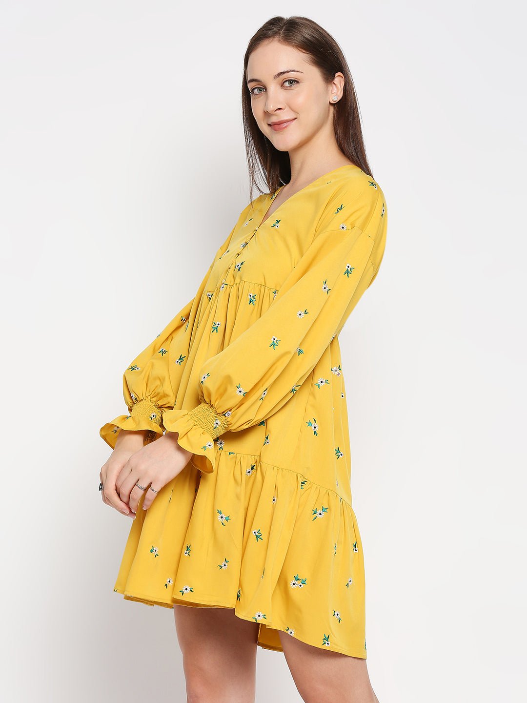 Yellow Short Dress with floral embroidery and balloon sleeves - AaliyaIndia