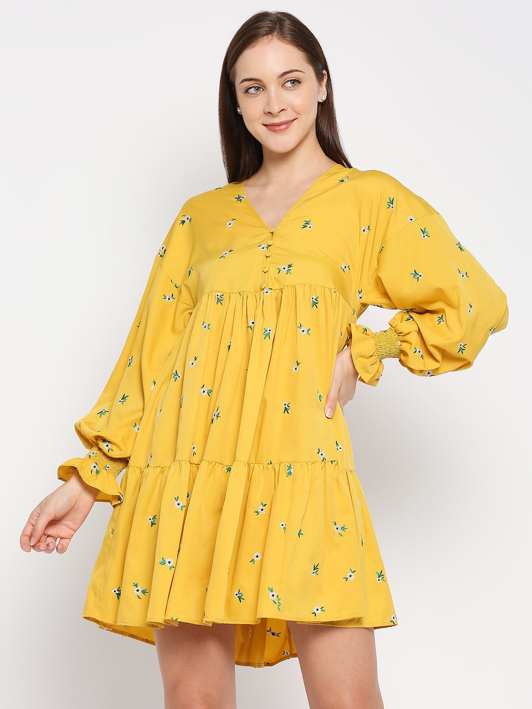 Yellow Short Dress with floral embroidery and balloon sleeves - AaliyaIndia