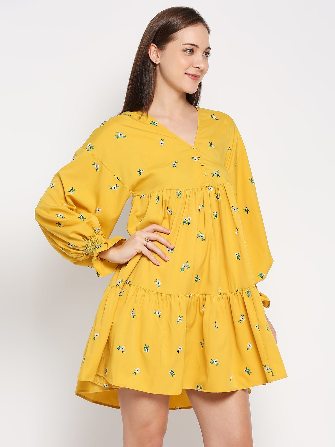 Yellow Short Dress with floral embroidery and balloon sleeves - AaliyaIndia