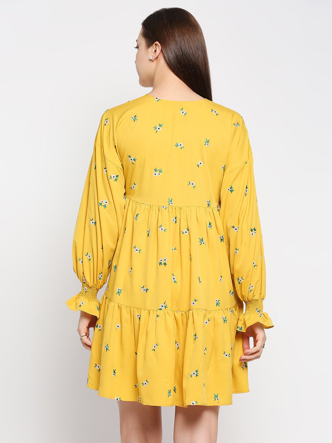 Yellow Short Dress with floral embroidery and balloon sleeves - AaliyaIndia