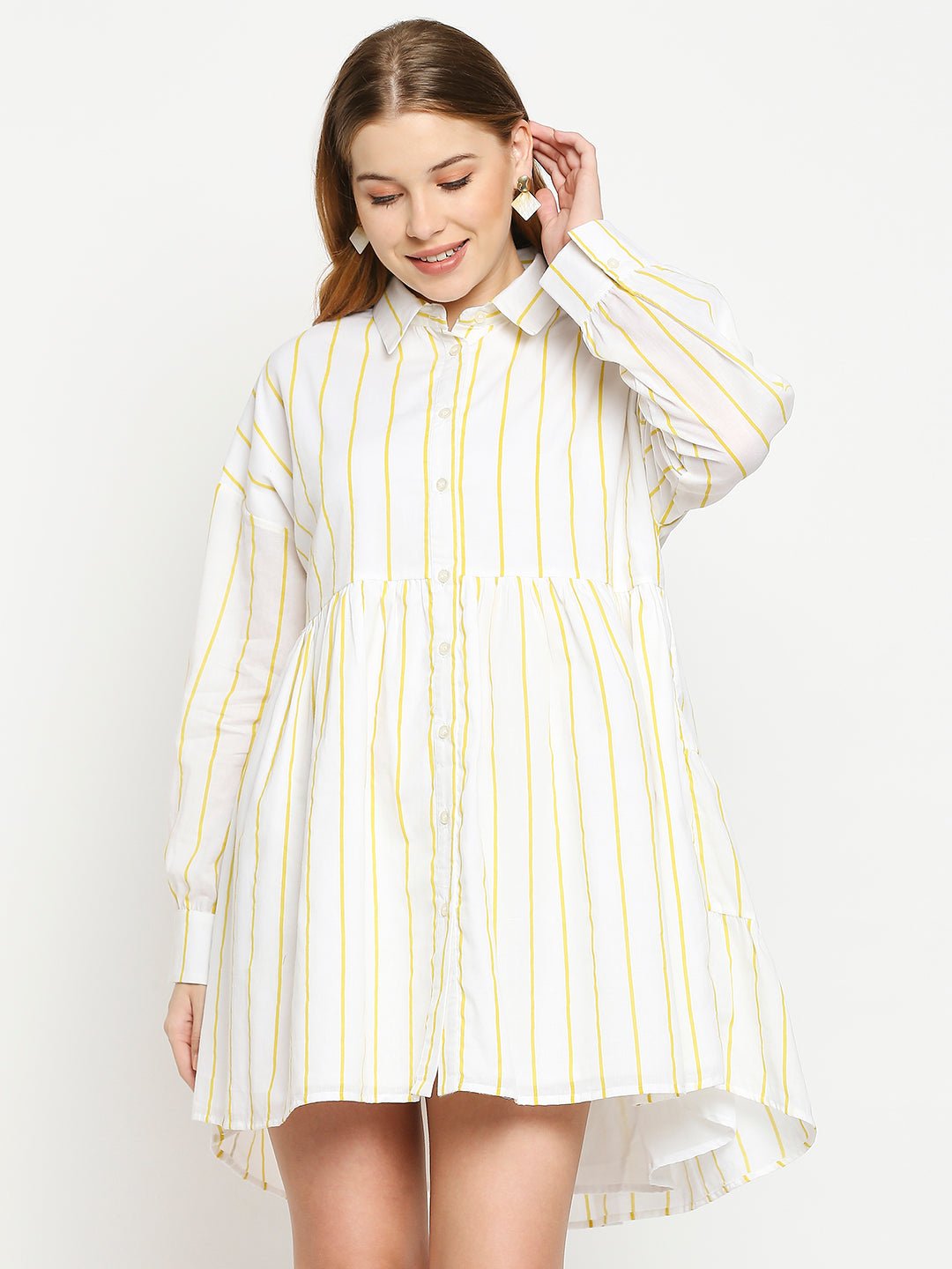 Yellow Striped Shirt Dress - AaliyaIndia