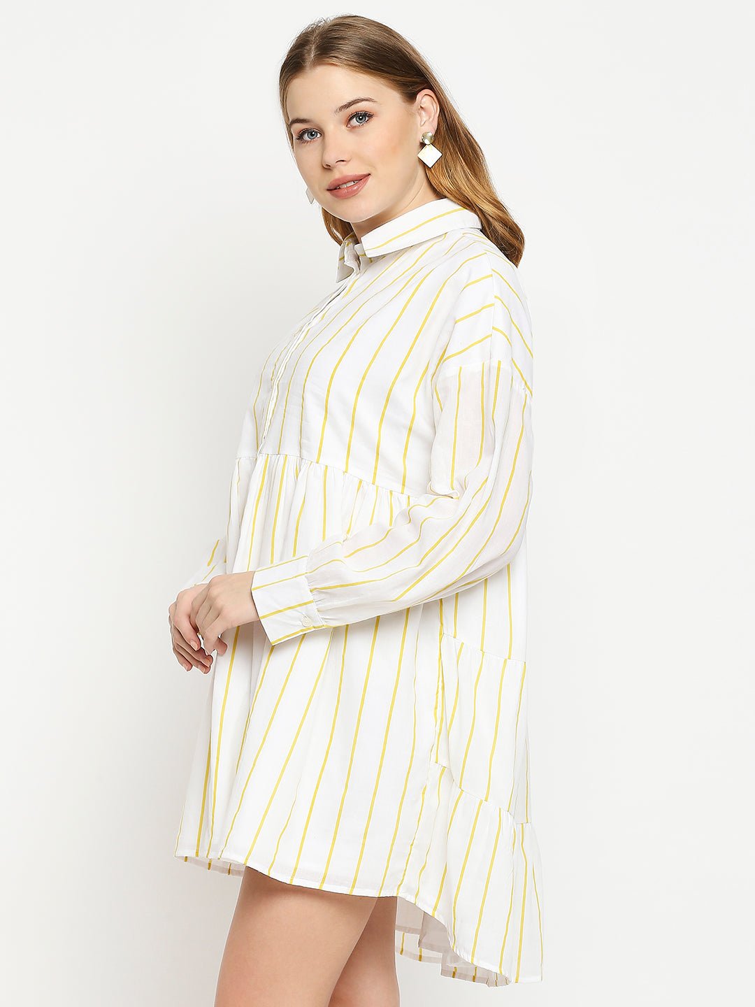 Yellow Striped Shirt Dress - AaliyaIndia